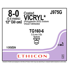 ETHICON VICRYL (POLYGLACTIN 910) Suture, Micropoint Spatula, Size 8-0, 12", Violet Braided, Needle TG160-6 TG160-6, 1/2 Circle. MFID: J975G