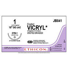 ETHICON Suture, Coated VICRYL, ETHIGUARD - Blunt Point, CTB-1, 8-18", Size 1. MFID: JB841