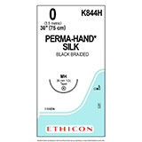 ETHICON Suture, PERMA-HAND SILK, Taper Point, Size 0, 30", Black Braided, Needle MH, 1/2 Circle, Control Release. MFID: K844H