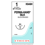 ETHICON Suture, PERMA-HAND SILK, Taper Point, Size 1, 30", Black Braided, Needle MH, 1/2 Circle. MFID: K845H (USA ONLY)