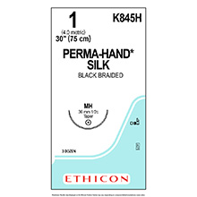ETHICON Suture, PERMA-HAND SILK, Taper Point, Size 1, 30", Black Braided, Needle MH, 1/2 Circle. MFID: K845H