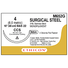 ETHICON Suture, Surgical Stainless Steel, Conventional Cutting - Sternum, CCS, 4-18", Size 4. MFID: M652G