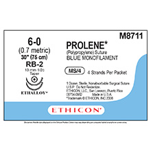 ETHICON Suture, PROLENE, Taper Point, RB-2 / RB-2, 4-30", Size 6-0. MFID: M8711