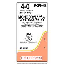 ETHICON Suture, Dental, MONOCRYL Plus, Taper Point, RB-1, 27", Size 4-0. MFID: MCP304H