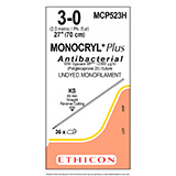 ETHICON Suture, Dental, MONOCRYL Plus, Straight Cutting Needles, KS, 27", Size 3-0. MFID: MCP523H (USA ONLY)