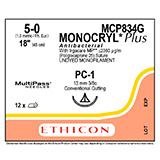 ETHICON Suture, Dental, MONOCRYL Plus, Precision Cosmetic - Conventional Cutting PRIME, PC-1, 18", Size 5-0. MFID: MCP834G (USA ONLY)