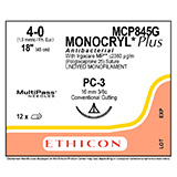 ETHICON Suture, Dental, MONOCRYL Plus, Precision Cosmetic - Conventional Cutting PRIME, PC-3, 18", Size 4-0. MFID: MCP845G (USA ONLY)