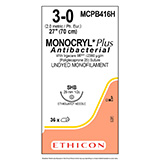 ETHICON Suture, Dental, MONOCRYL Plus, ETHIGUARD - Blunt Point, SHB, 27", Size 3-0. MFID: MCPB416H (USA ONLY)