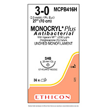 ETHICON Suture, Dental, MONOCRYL Plus, ETHIGUARD - Blunt Point, SHB, 27", Size 3-0. MFID: MCPB416H