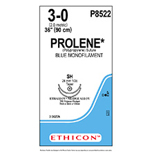 ETHICON Suture, PROLENE Polypropylene, Size 3-0, 36", Blue Monofilament, Needle SH, Taper Point, 1/2 Circle, 1/4" x 1/8" x 1/16" Firm TFE Polymer Pledgets, 3 dz/bx. MFID: P8522H
