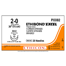 ETHICON Suture, ETHIBOND EXCEL, Size 2-0, 5-30", Green & White Braided, Needle SH-2, Taper Point, 1/2 Circle, 6/bx. MFID: PXX82N