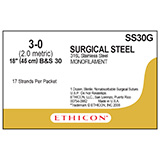 ETHICON Suture, Surgical Stainless Steel, SUTUPAK Pre-Cut Sutures, 17-18", Size 3-0. MFID: SS30G (USA ONLY)