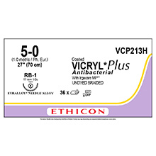 ETHICON Suture, Coated VICRYL Plus, Taper Point, RB-1, 27", Size 5-0. MFID: VCP213H