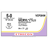 ETHICON Suture, Coated VICRYL Plus, Reverse Cutting, FS-2, 18", Size 5-0. MFID: VCP391H (USA ONLY)