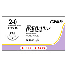 ETHICON Suture, Coated VICRYL Plus, Reverse Cutting, FS-1, 27", Size 2-0. MFID: VCP443H