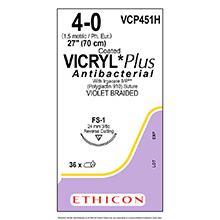 ETHICON Suture, Coated VICRYL Plus, Reverse Cutting, FS-1, 27", Size 4-0. MFID: VCP451H