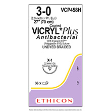 ETHICON Suture, Coated VICRYL Plus, Reverse Cutting, X-1, 27", Size 3-0. MFID: VCP458H