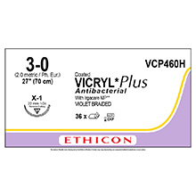 ETHICON Suture, Coated VICRYL Plus, Reverse Cutting, X-1, 27", Size 3-0. MFID: VCP460H