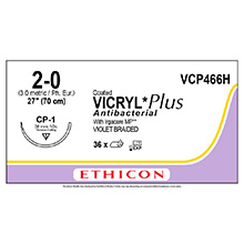 ETHICON Suture, Coated VICRYL Plus, Reverse Cutting, CP-1, 27", Size 2-0. MFID: VCP466H