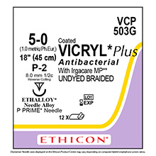 ETHICON Suture, Coated VICRYL Plus, Precision Point - Reverse Cut, P-2, 18", Size 5-0. MFID: VCP503G
