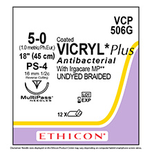 ETHICON Suture, Coated VICRYL Plus, Precision Point - Reverse Cut, PS-4, 18", Size 5-0. MFID: VCP506G