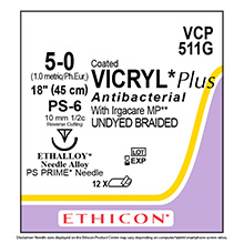 ETHICON Suture, Coated VICRYL Plus, Precision Point - Reverse Cut, PS-6, 18", Size 5-0. MFID: VCP511G