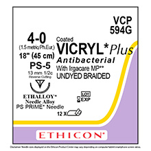 ETHICON Suture, Coated VICRYL Plus, Precision Point - Reverse Cut, PS-5, 18", Size 4-0. MFID: VCP594G