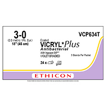 ETHICON Suture, Coated VICRYL Plus, Standard & Short Length Sutures, 3-18", Size 3-0, 2 dozens. MFID: VCP634T