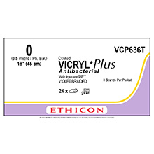 ETHICON Suture, Coated VICRYL Plus, Standard & Short Length Sutures, 3-18", Size 0, 2 dozens. MFID: VCP636T