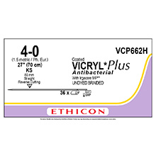 ETHICON Suture, Coated VICRYL Plus, Straight Cutting Needles, KS, 27", Size 4-0. MFID: VCP662H