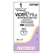 ETHICON Suture, Coated VICRYL Plus, Reverse Cutting, OS-4, 3-18", Size 1, 2 dozens. MFID: VCP708T
