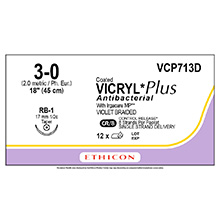 ETHICON Suture, Coated VICRYL Plus, Taper Point, RB-1, 8-18", Size 3-0. MFID: VCP713D