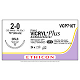 ETHICON Suture, Coated VICRYL Plus, Reverse Cutting, OS-8, 3-18", Size 2-0, 2 dozens. MFID: VCP716T (USA ONLY)