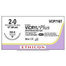 ETHICON Suture, Coated VICRYL Plus, Reverse Cutting, OS-8, 3-18", Size 2-0, 2 dozens. MFID: VCP716T