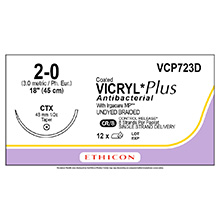 ETHICON Suture, Coated VICRYL Plus, Taper Point, CTX, 8-18", Size 2-0. MFID: VCP723D