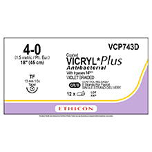 ETHICON Suture, Coated VICRYL Plus, Taper Point, TF, 8-18", Size 4-0. MFID: VCP743D