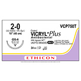 ETHICON Suture, Coated VICRYL Plus, Reverse Cutting, OS-6, 3-18", Size 2-0, 2 dozens. MFID: VCP750T (USA ONLY)