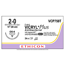 ETHICON Suture, Coated VICRYL Plus, Reverse Cutting, OS-6, 3-18", Size 2-0, 2 dozens. MFID: VCP750T