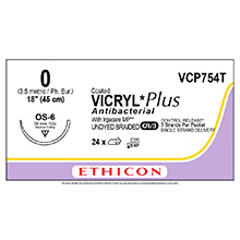 ETHICON Suture, Coated VICRYL Plus, Reverse Cutting, OS-6, 3-18", Size 0, 2 dozens. MFID: VCP754T
