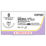 ETHICON Suture, Coated VICRYL Plus, Reverse Cutting, OS-8, 3-18", Size 0, 2 dozens. MFID: VCP756T (USA ONLY)