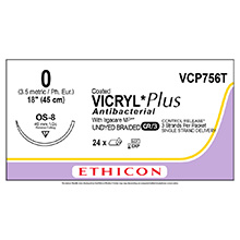 ETHICON Suture, Coated VICRYL Plus, Reverse Cutting, OS-8, 3-18", Size 0, 2 dozens. MFID: VCP756T
