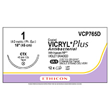 ETHICON Suture, Coated VICRYL Plus, Taper Point, CTX, 8-18", Size 1. MFID: VCP765D