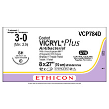 ETHICON Suture, Coated VICRYL Plus, Taper Point, SH, 8-27", Size 3-0. MFID: VCP784D