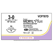 ETHICON Suture, Coated VICRYL Plus, Reverse Cutting, FS, 8-18", Size 3-0. MFID: VCP787D