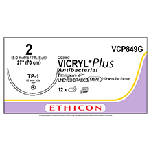 ETHICON Suture, Coated VICRYL Plus, Taper Point, TP-1, 2-27", Size 2. MFID: VCP849G