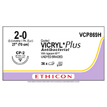 ETHICON Suture, Coated VICRYL Plus, Reverse Cutting, CP-2, 27", Size 2-0. MFID: VCP869H