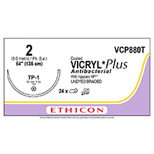 ETHICON Suture, Coated VICRYL Plus, Taper Point, TP-1, 27", Size 2, 2 dozens. MFID: VCP880T