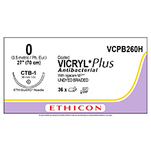 ETHICON Suture, Coated VICRYL Plus, ETHIGUARD - Blunt Point, CTB-1, 18", Size 0. MFID: VCPB260H