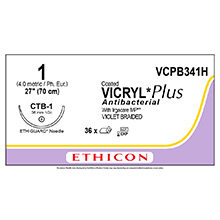 ETHICON Suture, Coated VICRYL Plus, ETHIGUARD - Blunt Point, CTB-1, 27", Size 1. MFID: VCPB341H