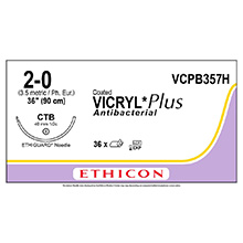 ETHICON Suture, Coated VICRYL Plus, ETHIGUARD - Blunt Point, CTB, 36", Size 2-0. MFID: VCPB357H